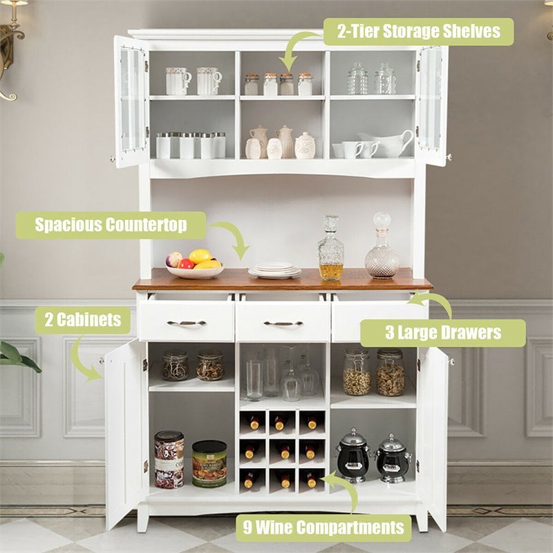 Costway Buffet & Hutch Kitchen Storage Cabinet Cupboard with Wine Rack in White