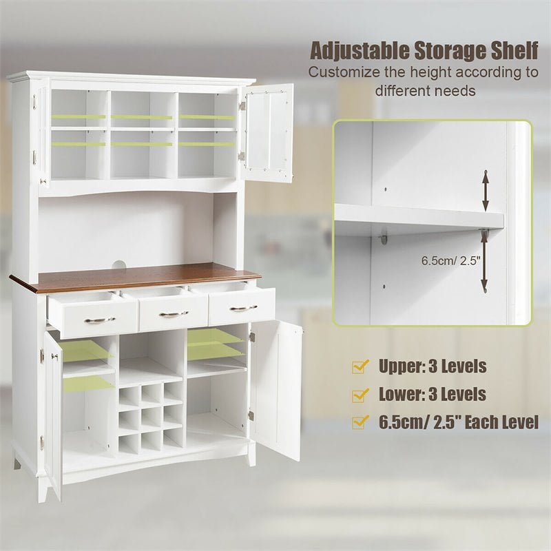 Costway Buffet & Hutch Kitchen Storage Cabinet Cupboard with Wine Rack in White