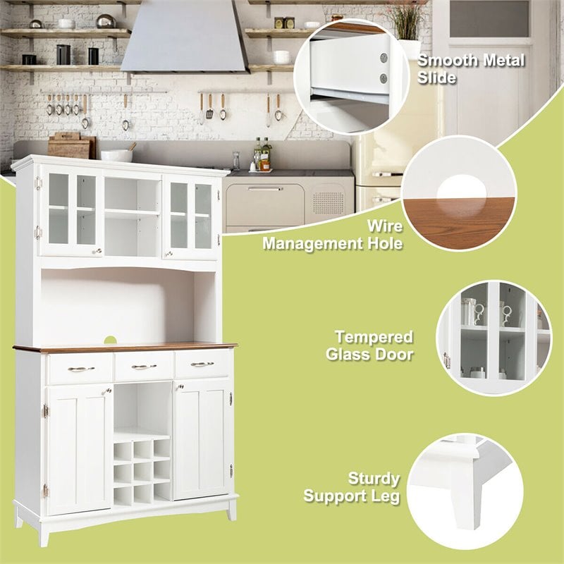 Costway Buffet & Hutch Kitchen Storage Cabinet Cupboard with Wine Rack in White