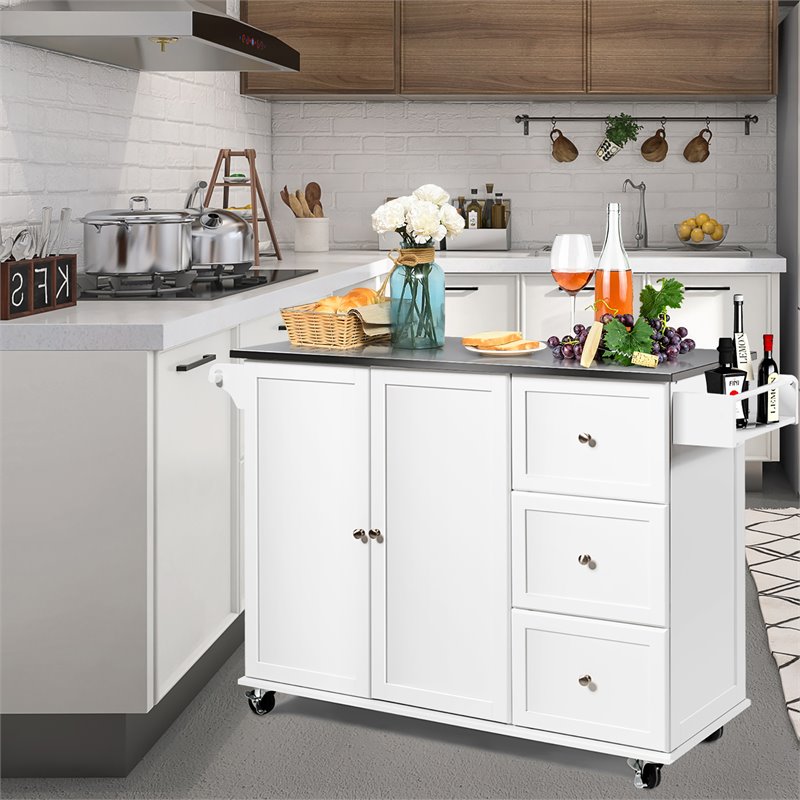 Costway 2-Door Stainless Steel Top Kitchen Island Storage Cabinet in White