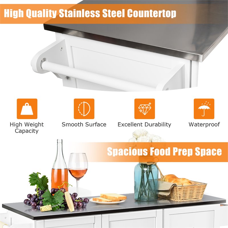 Costway 2-Door Stainless Steel Top Kitchen Island Storage Cabinet in White