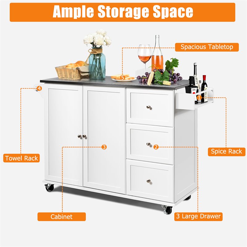 Costway 2-Door Stainless Steel Top Kitchen Island Storage Cabinet in White