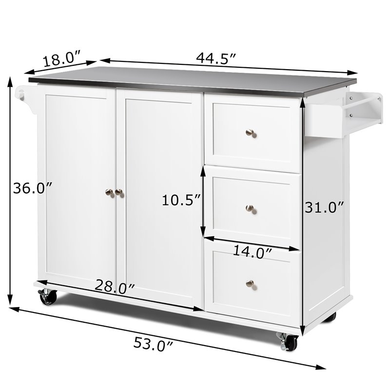 Costway 2-Door Stainless Steel Top Kitchen Island Storage Cabinet in White