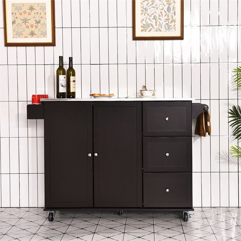 Costway 2-Door Stainless Steel Top Kitchen Island Storage Cabinet in Brown