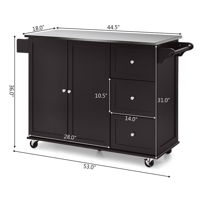 Costway 2-Door Stainless Steel Top Kitchen Island Storage Cabinet in Brown