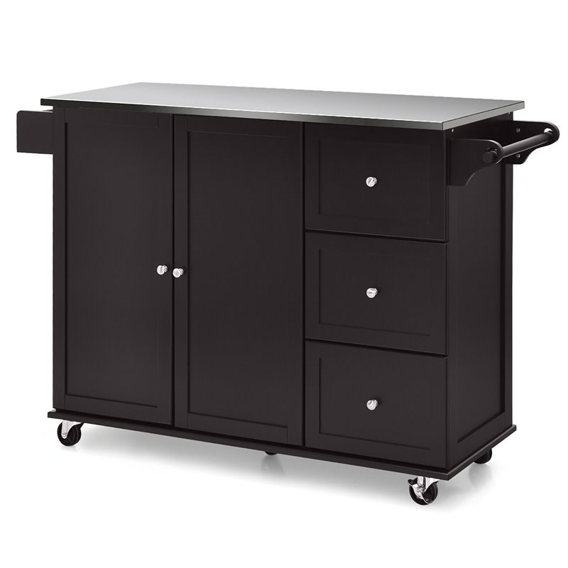 Costway 2-Door Stainless Steel Top Kitchen Island Storage Cabinet in Brown