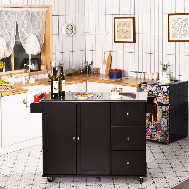 Costway 2-Door Stainless Steel Top Kitchen Island Storage Cabinet in Brown