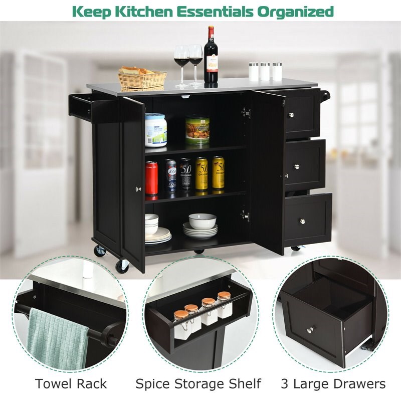 Costway 2-Door Stainless Steel Top Kitchen Island Storage Cabinet in Brown
