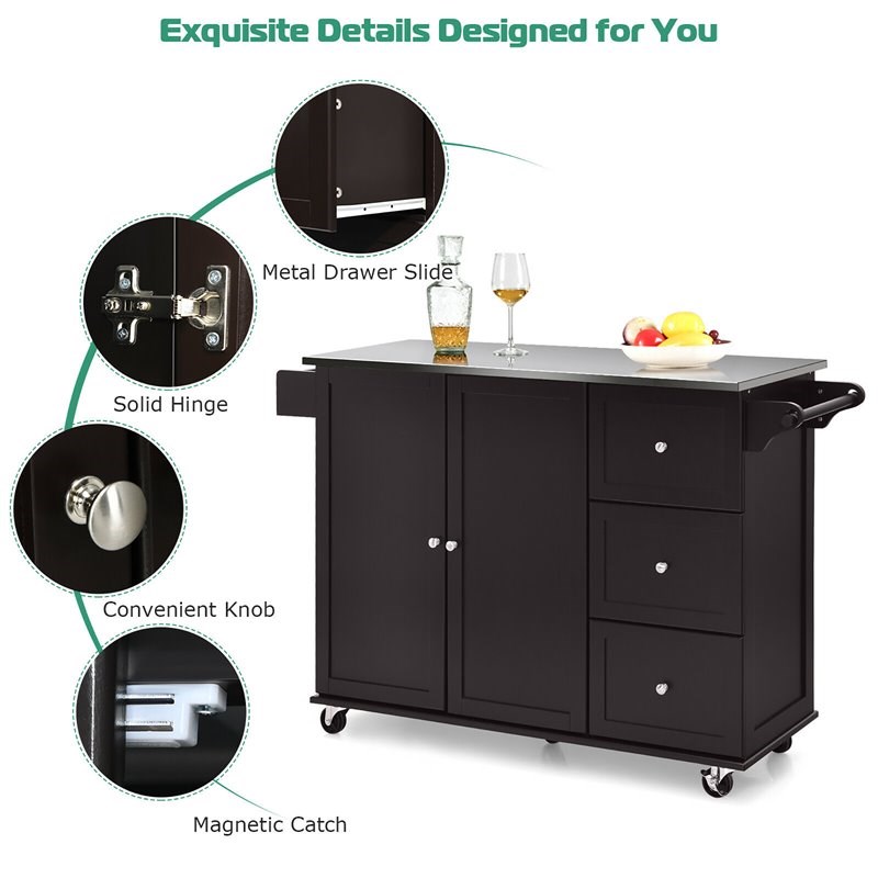 Costway 2-Door Stainless Steel Top Kitchen Island Storage Cabinet in Brown