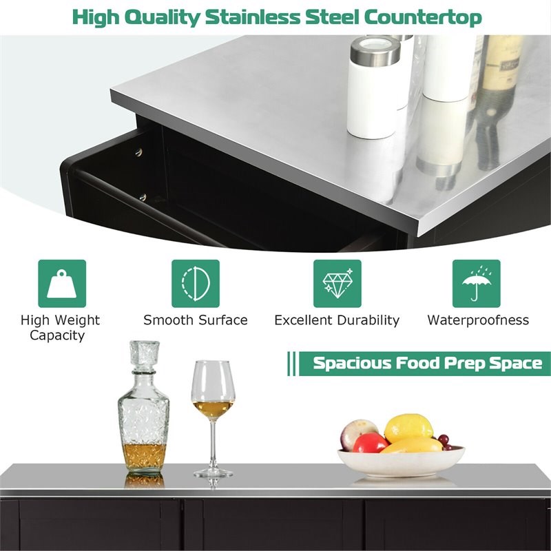 Costway 2-Door Stainless Steel Top Kitchen Island Storage Cabinet in Brown