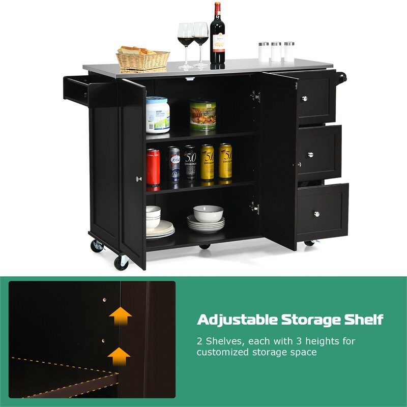Costway 2-Door Stainless Steel Top Kitchen Island Storage Cabinet in Brown