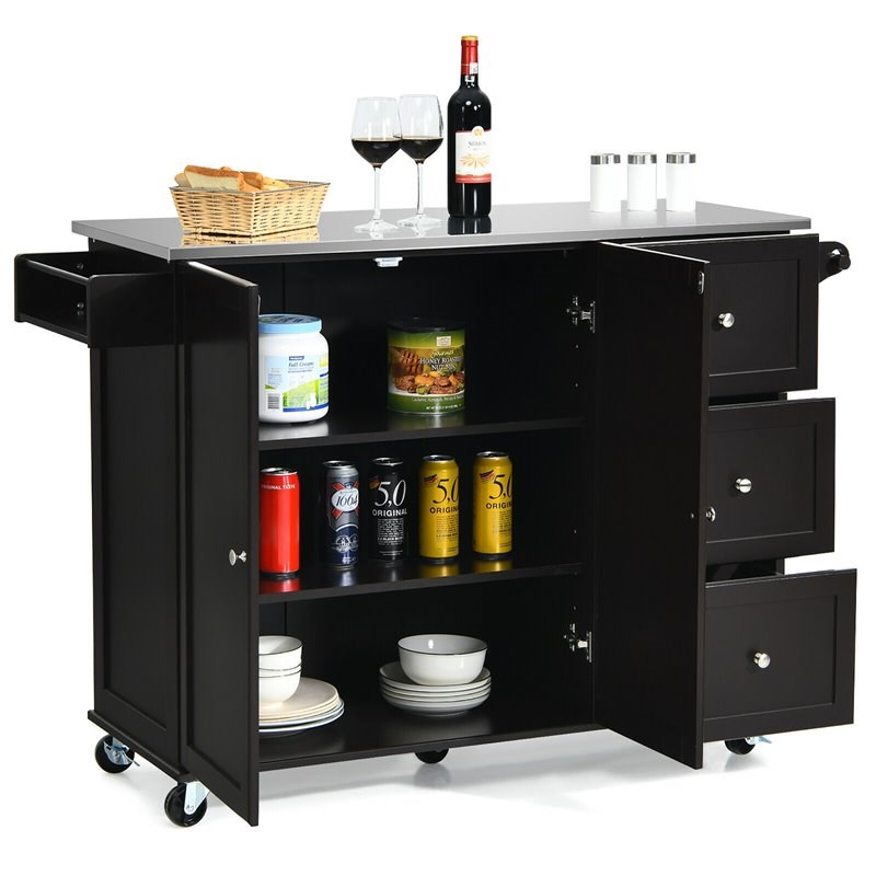 Costway 2-Door Stainless Steel Top Kitchen Island Storage Cabinet in Brown