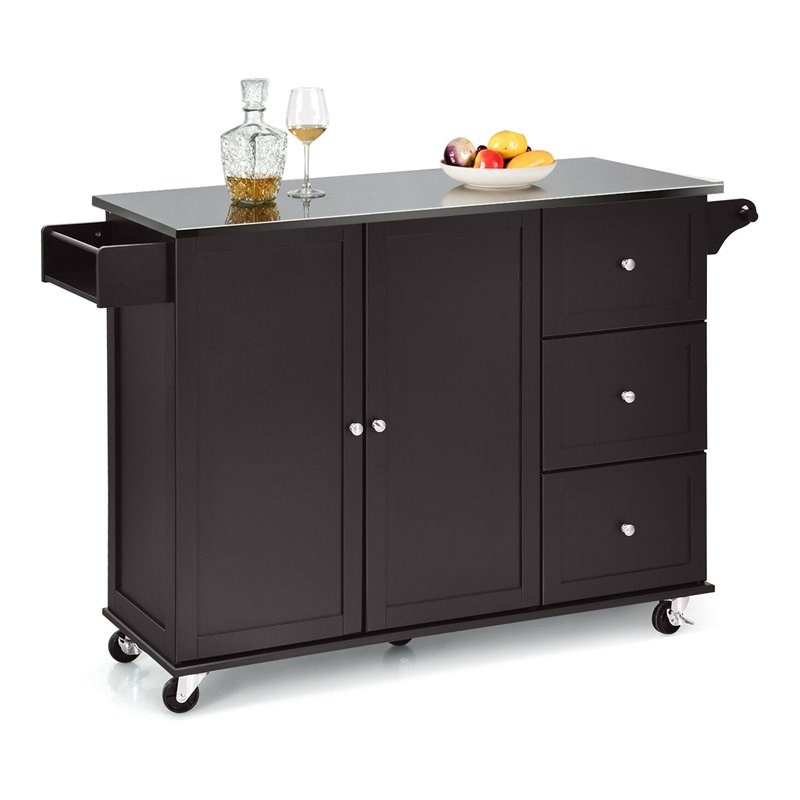 Costway 2-Door Stainless Steel Top Kitchen Island Storage Cabinet in Brown