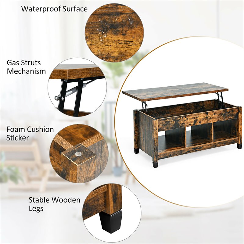 Costway Lift Top Solid Wood Coffee Table with Hidden Compartment in Coffee