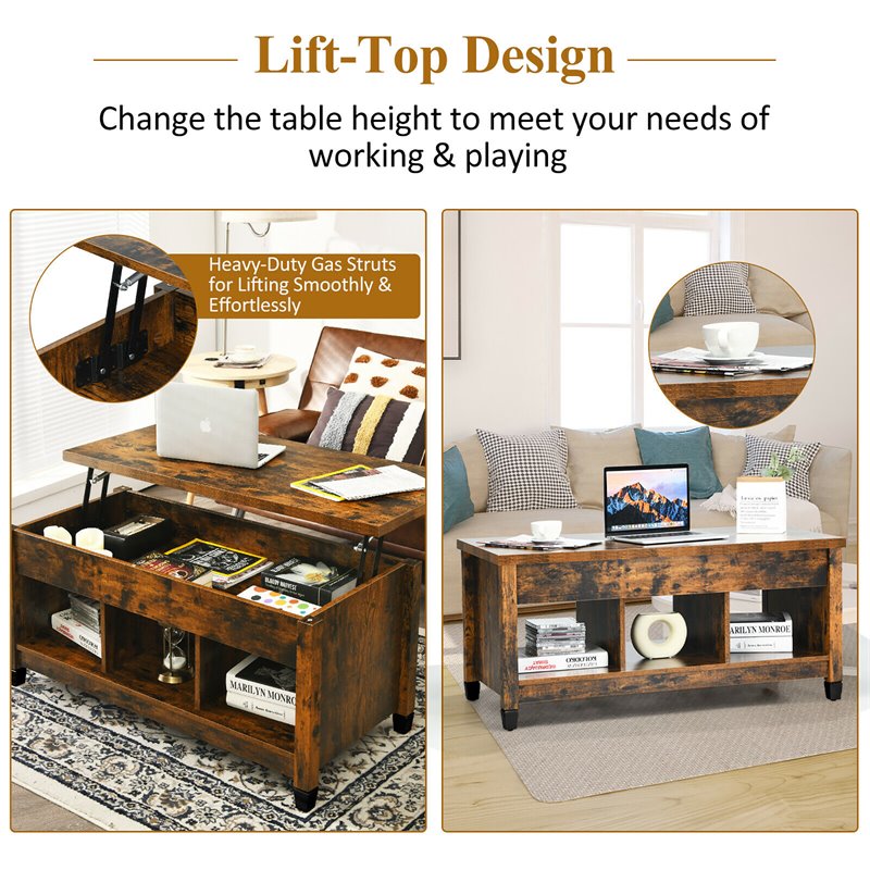 Costway Lift Top Solid Wood Coffee Table with Hidden Compartment in Coffee