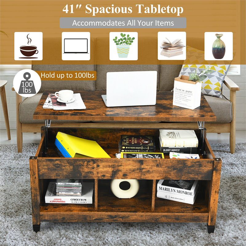 Costway Lift Top Solid Wood Coffee Table with Hidden Compartment in Coffee