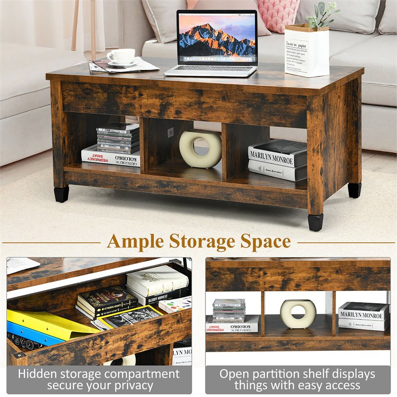 Costway Lift Top Solid Wood Coffee Table with Hidden Compartment in Coffee