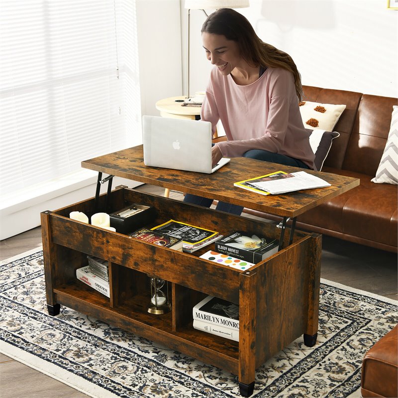 Costway Lift Top Solid Wood Coffee Table with Hidden Compartment in Coffee