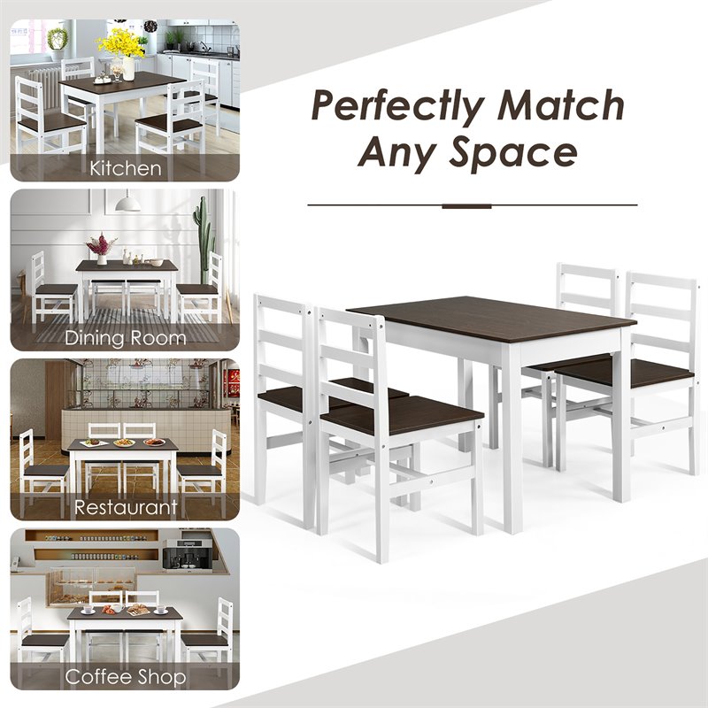 Costway 5-piece Compact Solid Wood Dining Set with Table & 4 Chairs in Walnut