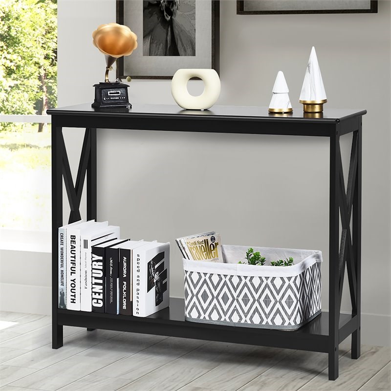 Costway 2-Tier X-Design Bookshelf Sofa Side Accent Console Table in Black