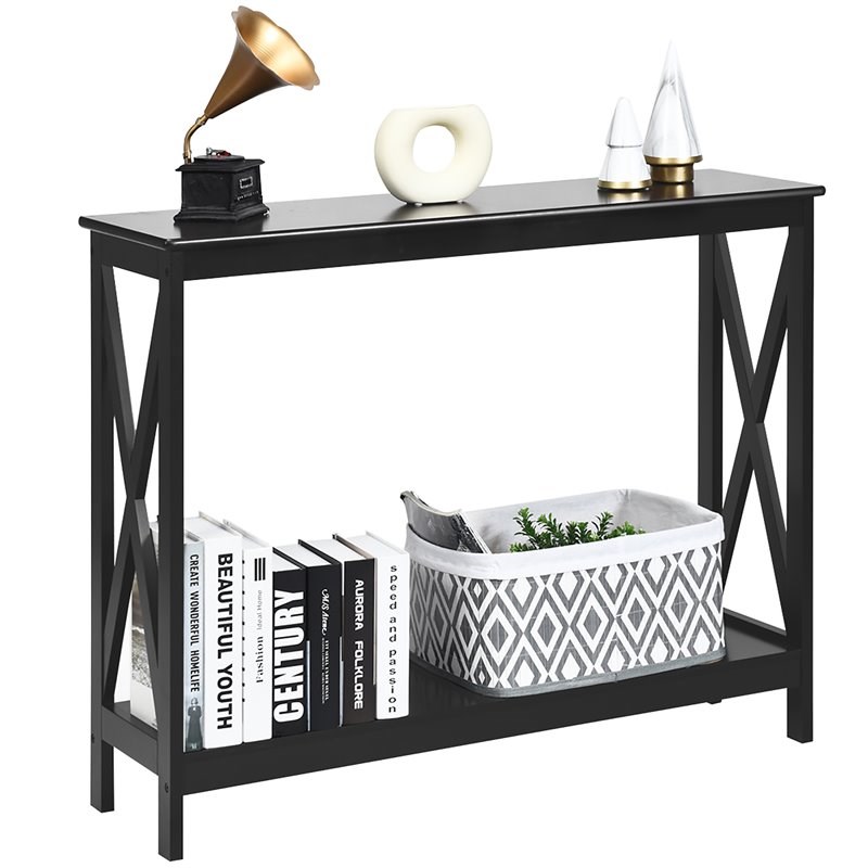 Costway 2-Tier X-Design Bookshelf Sofa Side Accent Console Table in Black