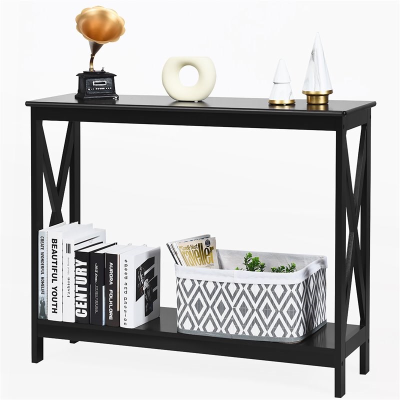 Costway 2-Tier X-Design Bookshelf Sofa Side Accent Console Table in Black