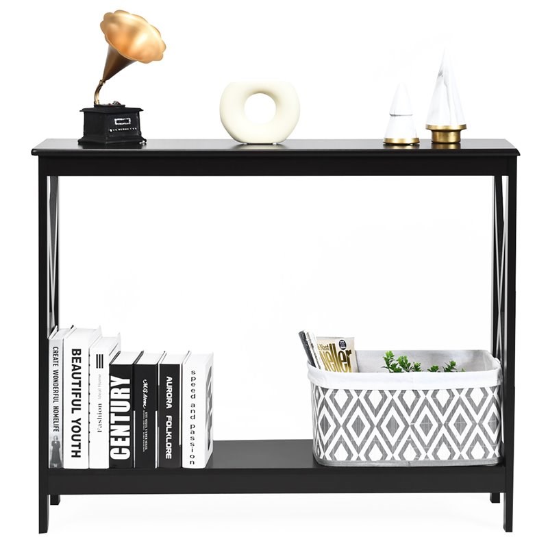 Costway 2-Tier X-Design Bookshelf Sofa Side Accent Console Table in Black