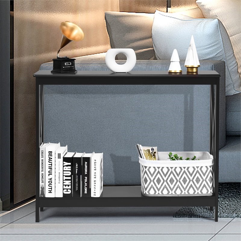 Costway 2-Tier X-Design Bookshelf Sofa Side Accent Console Table in Black