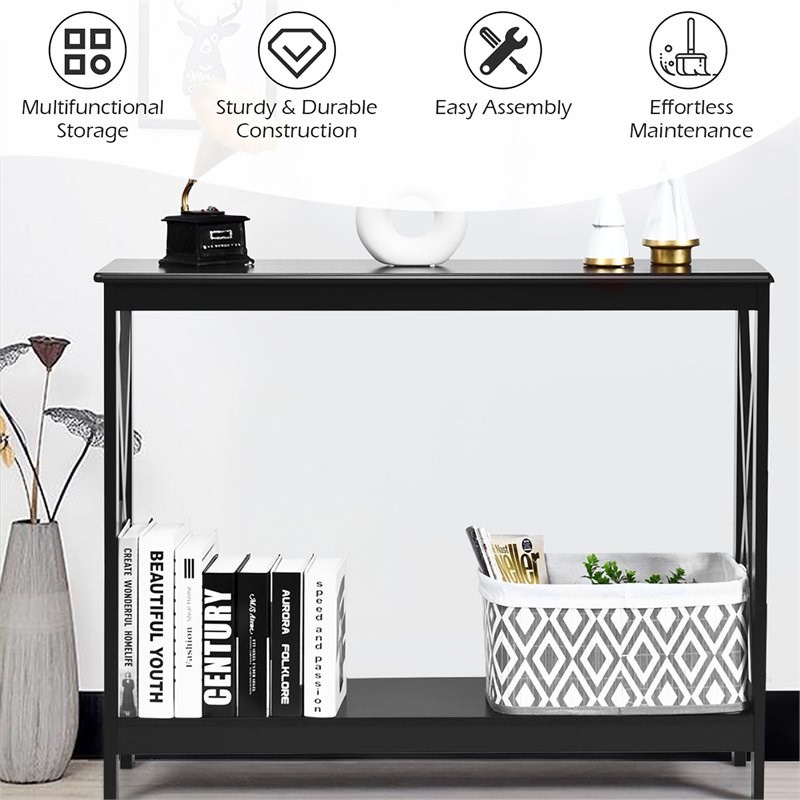 Costway 2-Tier X-Design Bookshelf Sofa Side Accent Console Table in Black
