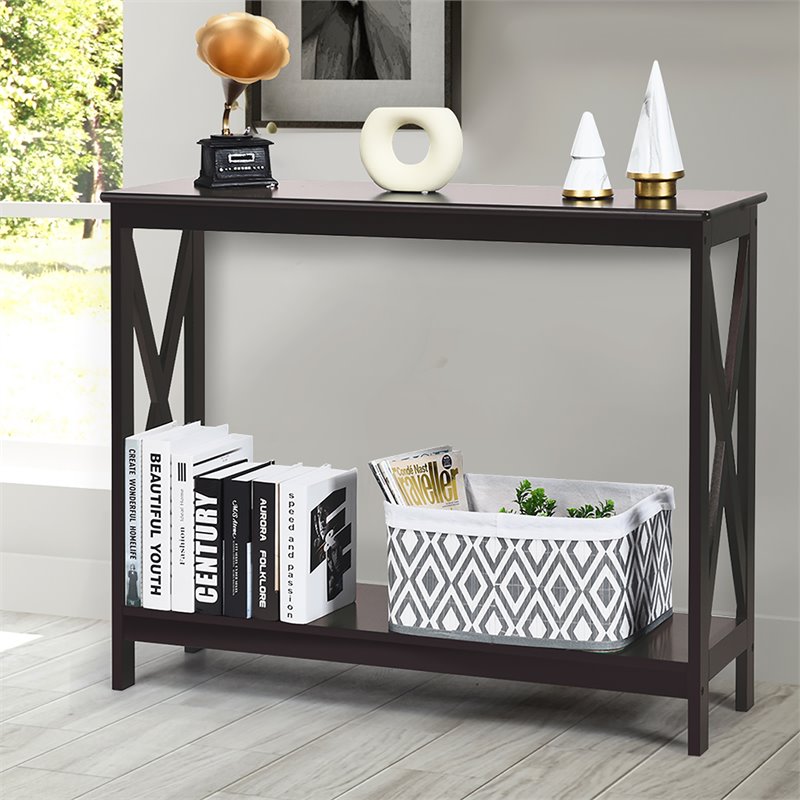 Costway 2-Tier X-Design Bookshelf Sofa Side Accent Console Table in Espresso