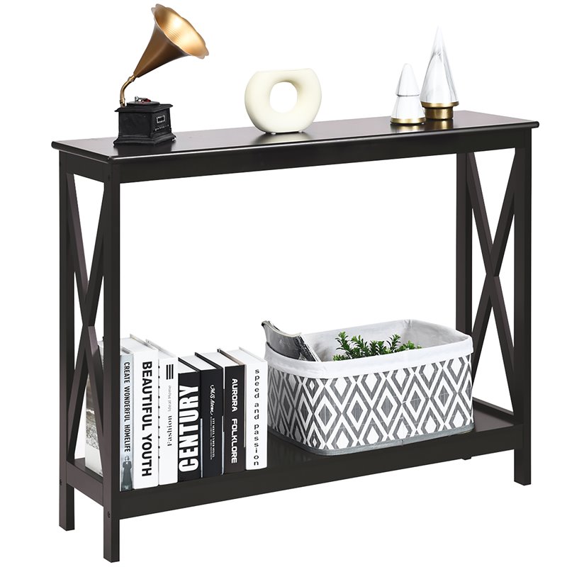 Costway 2-Tier X-Design Bookshelf Sofa Side Accent Console Table in Espresso
