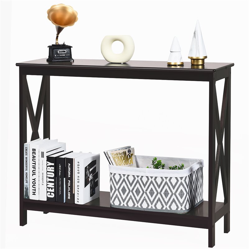 Costway 2-Tier X-Design Bookshelf Sofa Side Accent Console Table in Espresso