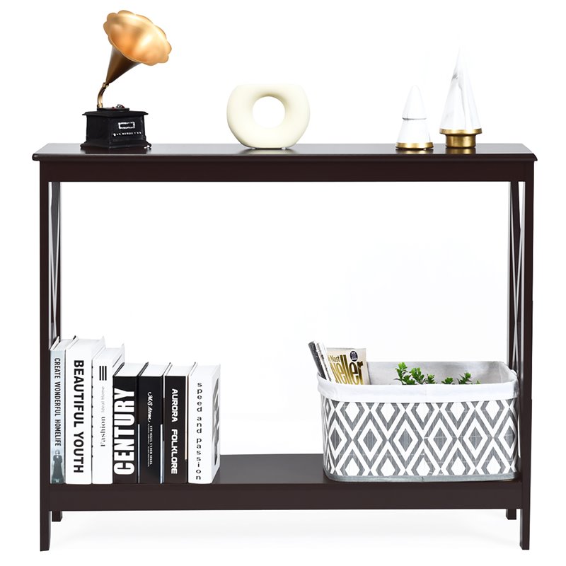 Costway 2-Tier X-Design Bookshelf Sofa Side Accent Console Table in Espresso