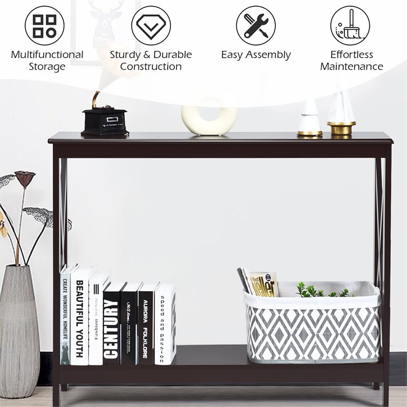 Costway 2-Tier X-Design Bookshelf Sofa Side Accent Console Table in Espresso