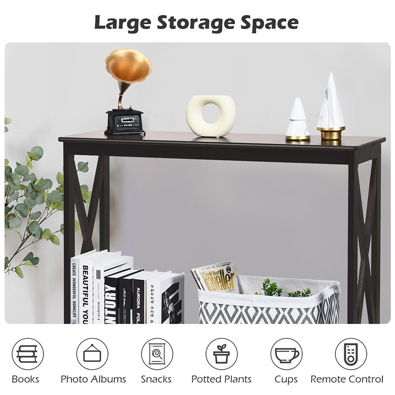 Costway 2-Tier X-Design Bookshelf Sofa Side Accent Console Table in Espresso