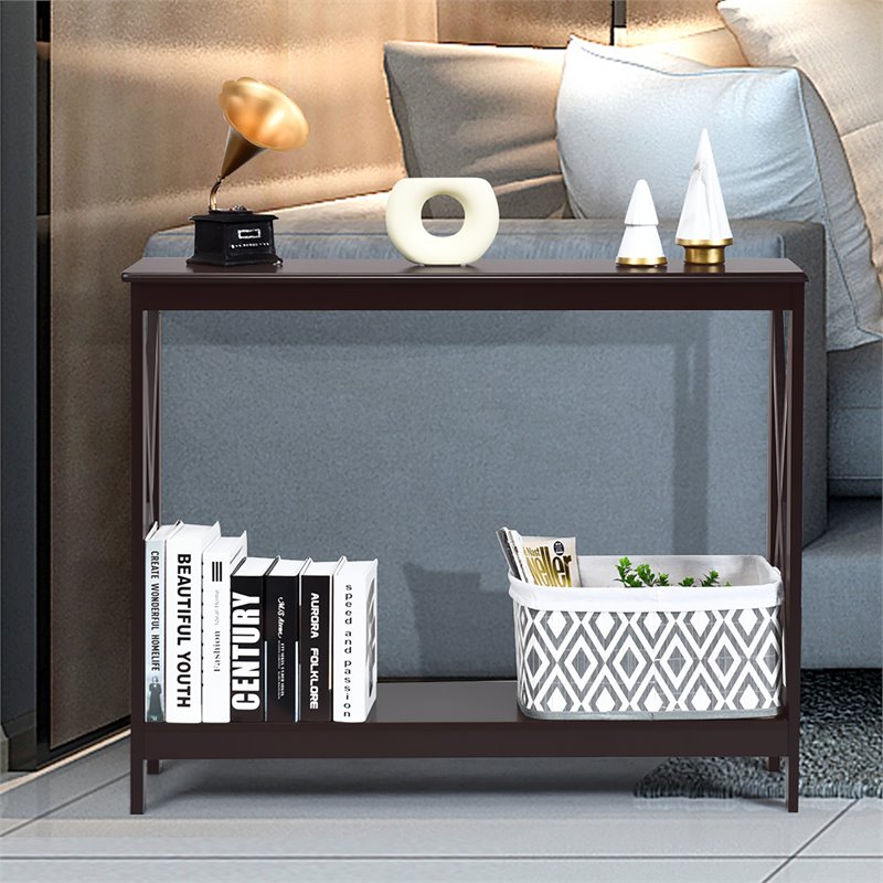 Costway 2-Tier X-Design Bookshelf Sofa Side Accent Console Table in Espresso