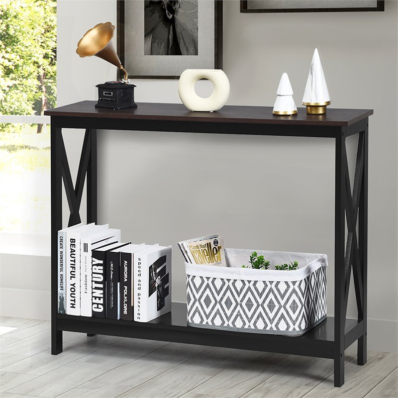 Costway 2-Tier X-Design Bookshelf Sofa Side Accent Console Table in Natural