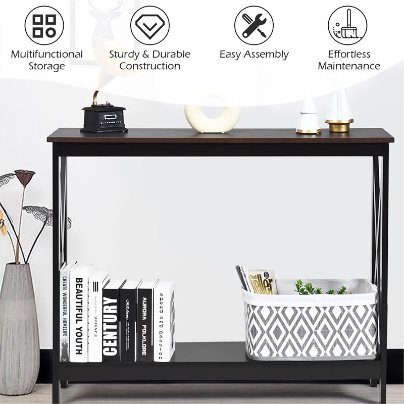 Costway 2-Tier X-Design Bookshelf Sofa Side Accent Console Table in Natural