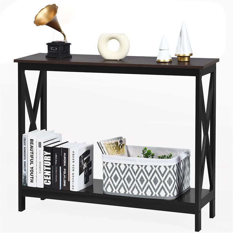 Costway 2-Tier X-Design Bookshelf Sofa Side Accent Console Table in Natural
