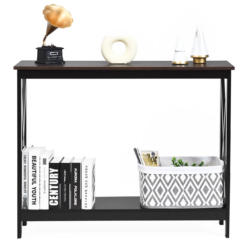 Costway 2-Tier X-Design Bookshelf Sofa Side Accent Console Table in Natural