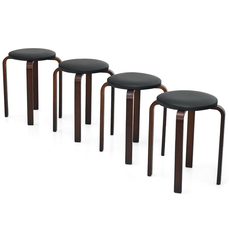 Costway Round Bentwood and PU Leather Stool with Padded Seat in Black (Set of 4)