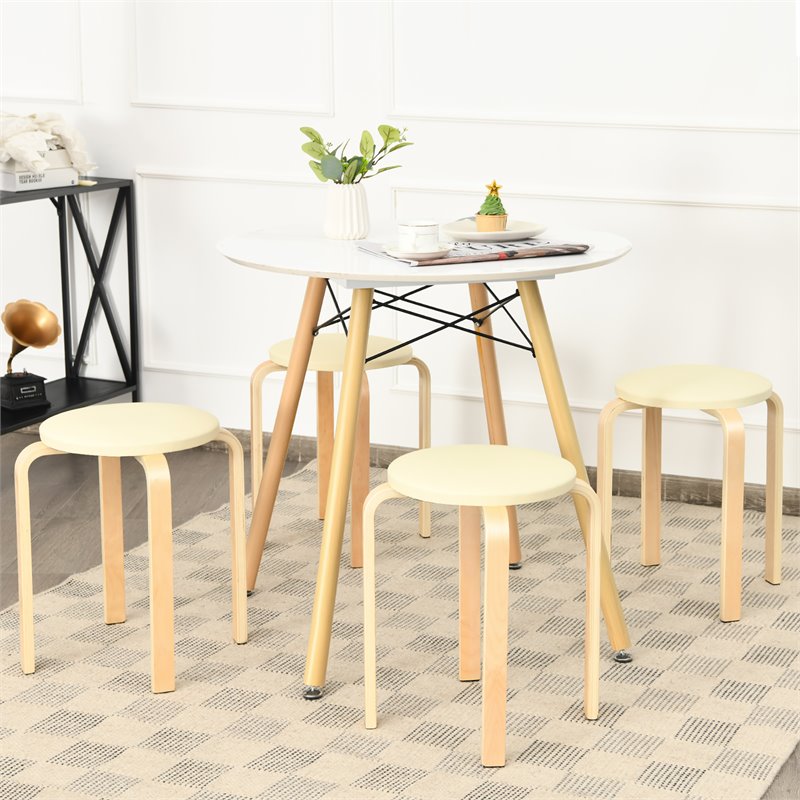 Costway Round Bentwood and PU Leather Stool with Padded Seat in Beige (Set of 4)