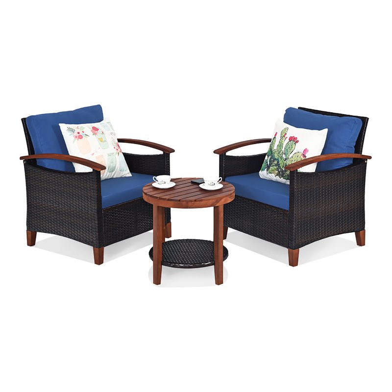 Costway 3-piece Contemporary Rattan Patio Furniture Set with Round Table in Blue