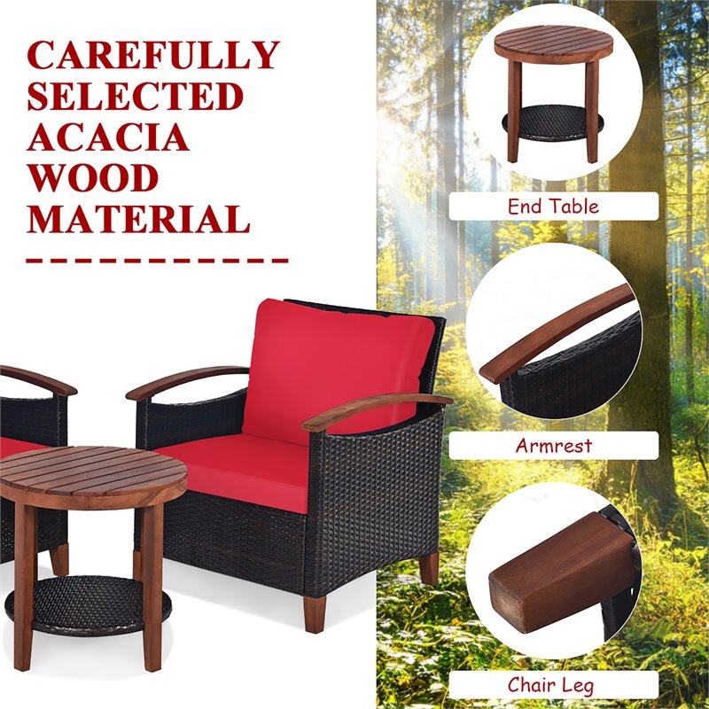 Costway 3-piece Rattan Patio Furniture Set with Wood Frame in Red