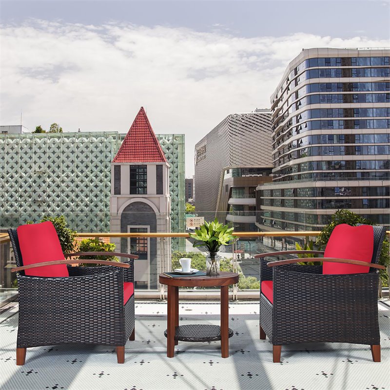 Costway 3-piece Rattan Patio Furniture Set with Wood Frame in Red