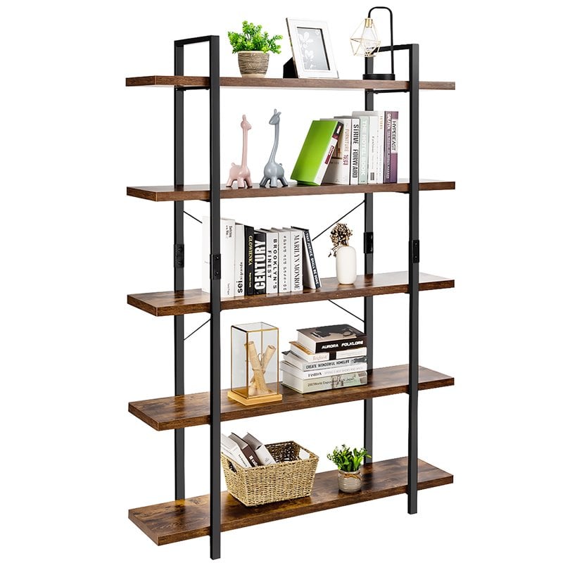 Costway 5-tier Contemporary Cellular Board and Iron Bookshelf in Brown