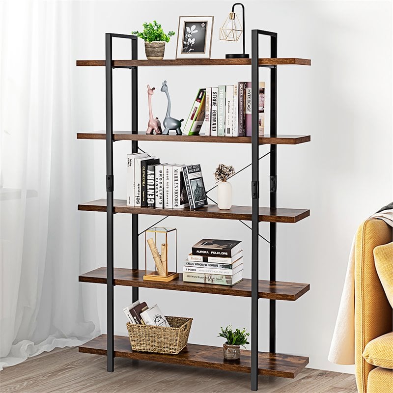 Costway 5-tier Contemporary Cellular Board and Iron Bookshelf in Brown