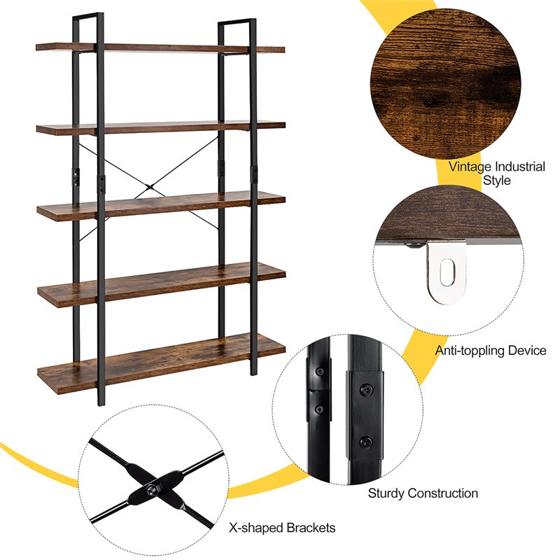 Costway 5-tier Contemporary Cellular Board and Iron Bookshelf in Brown