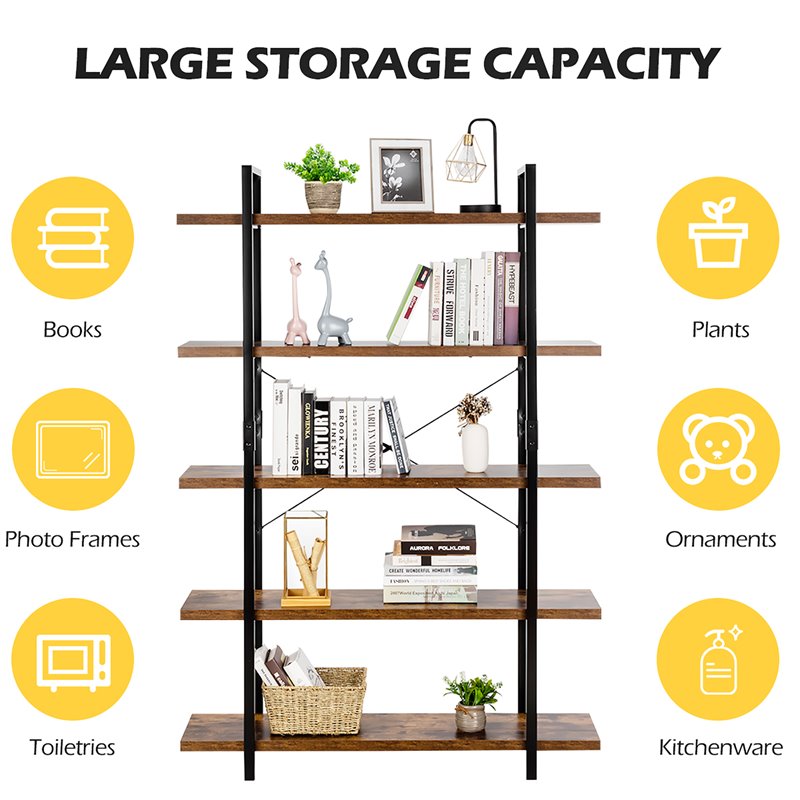 Costway 5-tier Contemporary Cellular Board and Iron Bookshelf in Brown