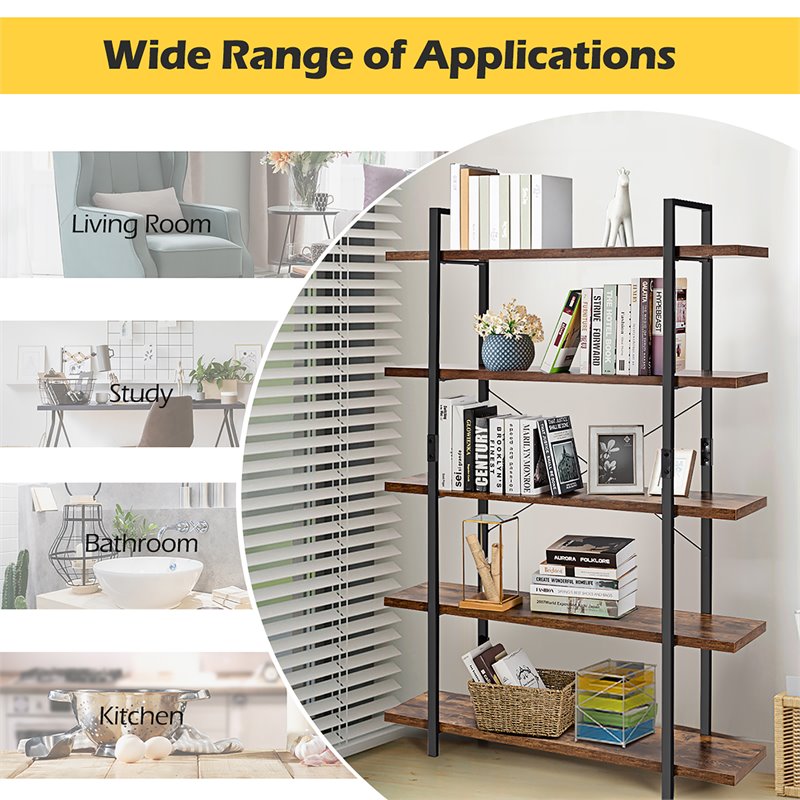 Costway 5-tier Contemporary Cellular Board and Iron Bookshelf in Brown